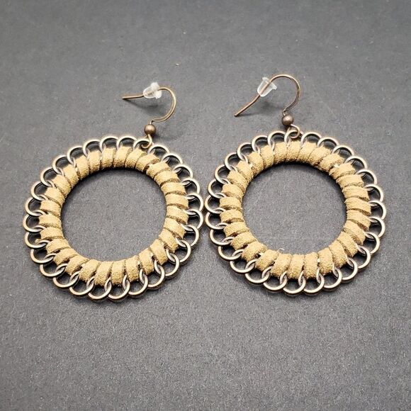 BOHEMIAN leather earrings circle bronze hoops - Picture 1 of 4